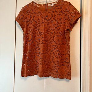 Loft Orange All Over Lace Short Sleeve Blouse - Medium